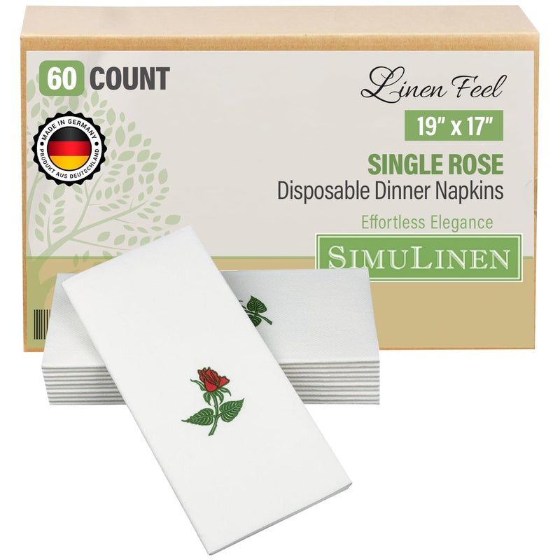 SimuLinen Single Rose Dinner Napkins - Cloth-Like Linen Feel Disposable, Folded Single-use Paper Napkins for Christmas - 19"x17" - Box of 60 - Image 1
